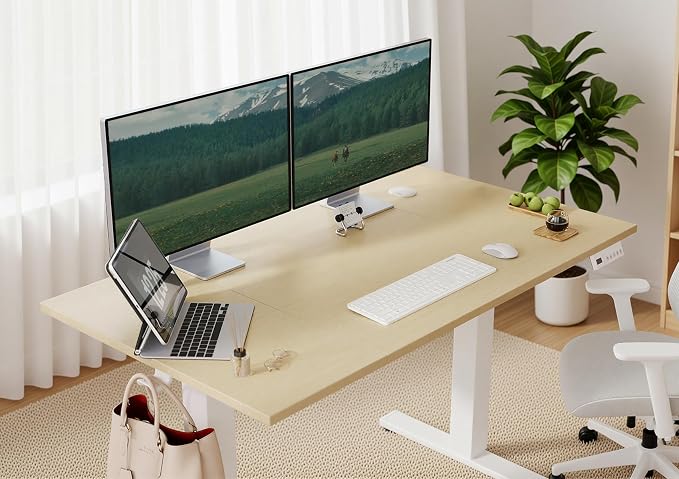 Seang Electric Height Adjustable Standing Desk, 48 x 24 Inch Sit-Stand Workstation with T-Style Frame, 3 Memory Height Options & Built-in Cable Management for Home Office, White Frame/Nature Top
