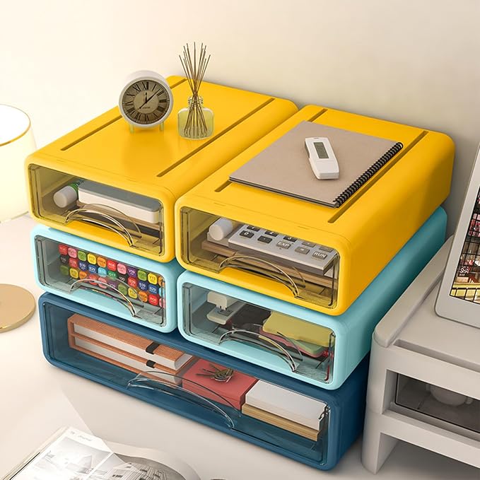 Desk Organizer with Drawers, Stackable Storage Drawers with Compartments Desktop Organization for Office Supplies, Makeup, Pencils, Tape, Erasers, Paperclips, Chargers (2S2M)