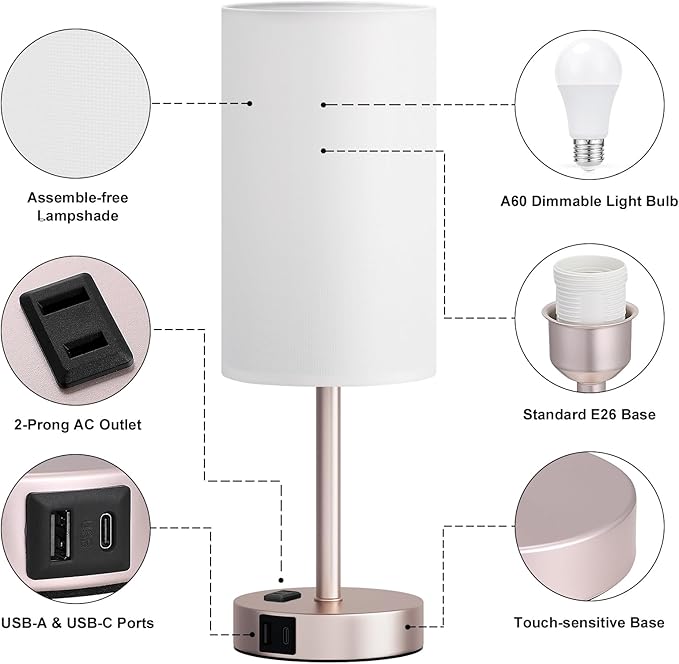 Fenmzee Antique White Bedside Table Lamp for Bedroom - 3 Way Dimmable Touch Lamp USB C Charging Ports and AC Outlet, Small Lamp Gold Base Round Flaxen Fabric Shade for Living Room, Desk
