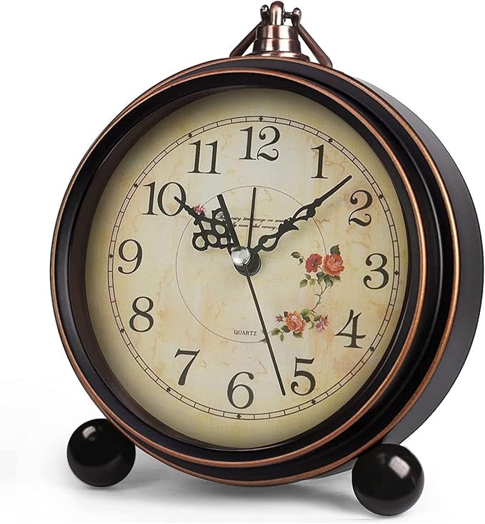Vintage Analog Alarm Clock, Flower, 5.25 inch Small Silent | Desk Clock, Night Light, Battery Operated, For Table, Bedroom, Bedside, Living Room