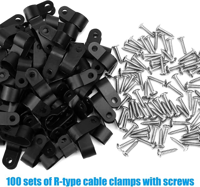 VIPMOON 100Pcs 3/8 Inch R-Type Cable Clamps, Nylon Plastic Cable Clips with Screws, Mounting Cord Fasteners for Electrical Wire Clamps Management, Black