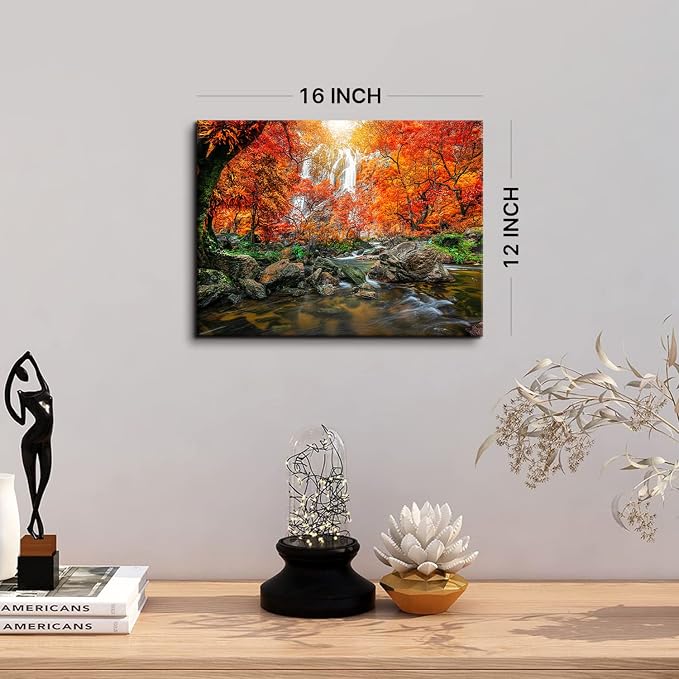 Sunset Waterfall Wall Art Burnt Orange Wall Decor Nature Tropical Forest Landscape Photo Canvas Prints Picture for Living Room Bedroom 12x16”, Trees Painting River Scenery Artwork Home Decorations