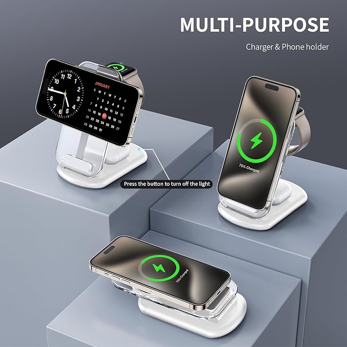 RYND 2026 Traveling Wireless Mag-Safe Fast Charging Station,Magnetic 3 in 1 Charger with Light for iPhone 16 15 14 13 12 Pro Max Plus,Apple Watch Series & Air pods 4 3 2 Pro-Gifts for Wife & Husband