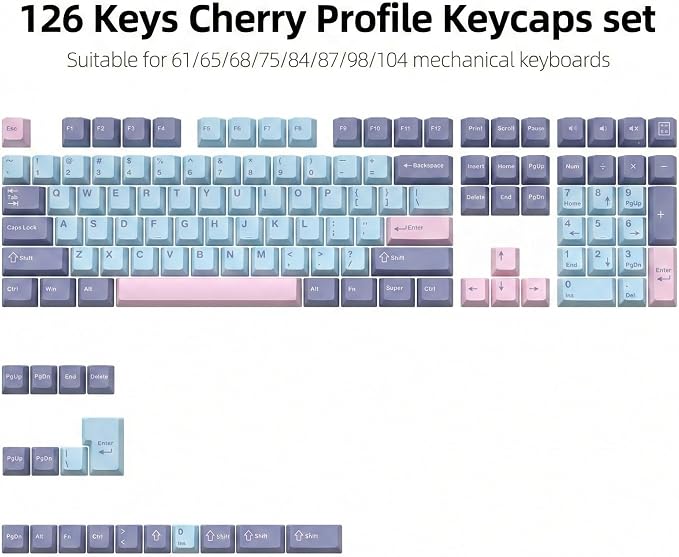 126 Keys PBT Double Shot Keycaps, Macaron Pastel Cute Keycap Set, Pink Blue Dreamy Cherry Profile Keycaps for Mechanical Keyboard 60% 65% 75% 100% Cherry MX Switches
