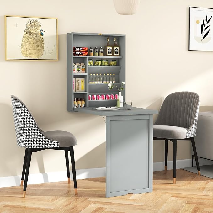 GOFLAME Wall Mounted Folding Desk with 3-Tier Tilt Storage Partition and Adjustable Shelves, Space-Saving Convertible Writing Desk for Home Office, Gray