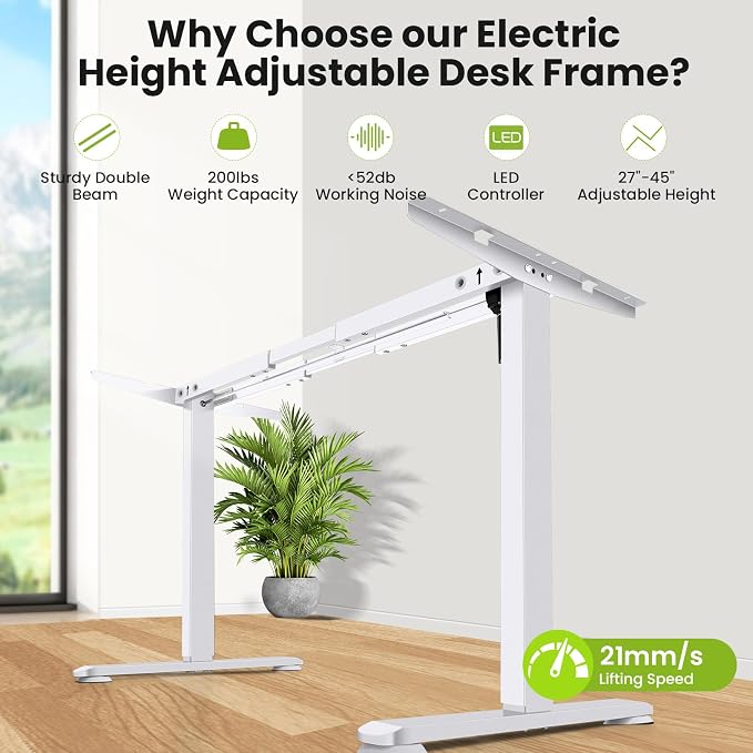 farexon Electric Stand Up Desk Frame Workstation, Dual-Beam Standing Desk Legs with Wheels&Hooks,200 lbs Capacity up to 71" x 31.5" Desktops, Ergonomic Table Base Workstation, White Frame Only