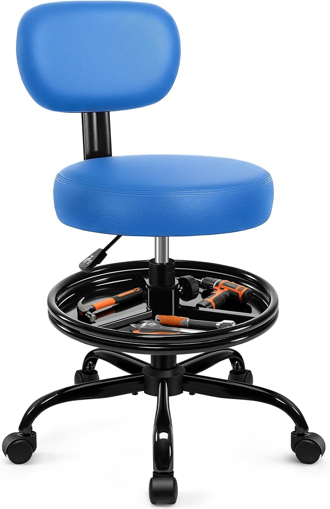 Shop Stool with Wheels for Garage, Mechanics Rolling Chair with Backrest, Adjustable Height Heavy Duty Garage Stool with Footrest and Storage Tray, Swivel Task Chair for Workshop Kitchen Salon (Blue)
