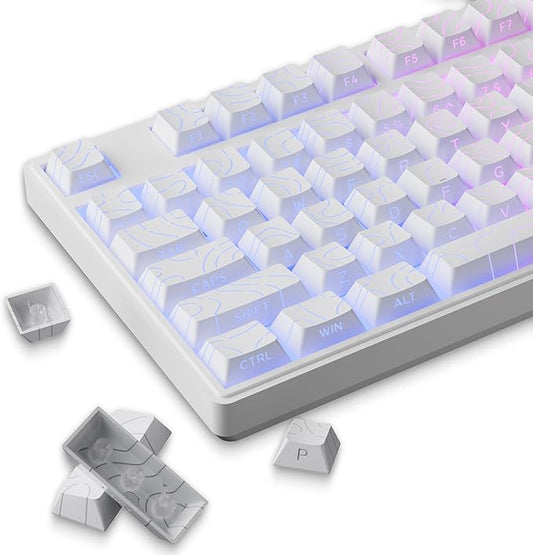 White Topographic PBT Keycaps,97 Key Caps Set Side Printed,No Tear & Fade Shine Through RGB Backlit Cherry Profile Keycaps (Ergonomic,Doubleshot) for 61/64/66/68/71/75/84/87 MX Mechanical Keyboards