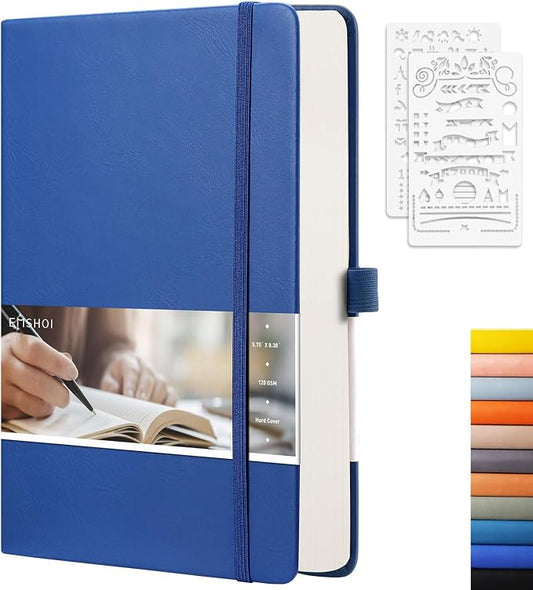 EMSHOI Dotted Journal Notebook, 256 Pages, 120 GSM Thick Paper, A5 Small 5.75"x8.38", PU Leather Hardcover, 5mm Dot Grid Notebook for Journaling, Planning, Drawing, Writing, Blue