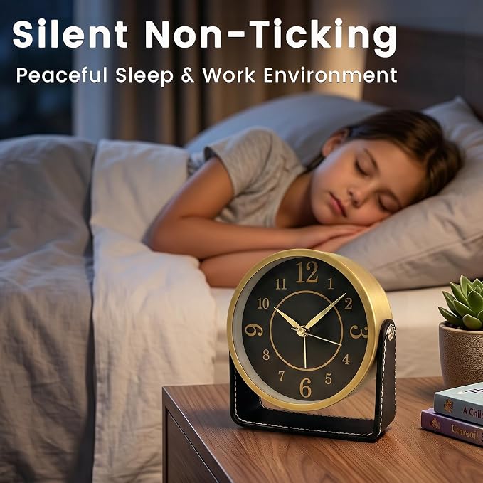 Analog Alarm Clock - 4.5" Silent Non Ticking Small Clock with Light, Rotatable Stand Metal Desk Clock Battery Operated, Simple Design for Living Room Decor/ Bedroom/Bedside/Shelf (Gold & Black)