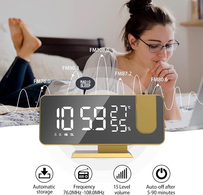 Projection Digital Alarm Clock for Bedrooms, Alarm Clock Radio on Ceiling | USB Charger Port, Temperature & Humidity Display, 7.3” Large Mirror LED Display,12/24H,Snooze,Dual Loud Clock- 4 Dimmer