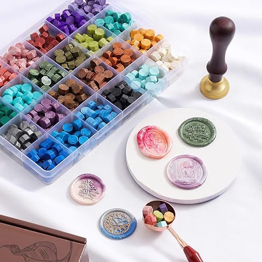 Wax Seal Kit - 624Pc Stamp Kit with 24 Colors, Wax Seal Spoon, Tea Candles, Warmer, Pen