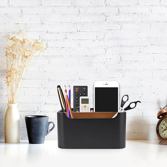 2 Pack Remote Control Holders, Desk Organizers with Dividers,Black | Set of 2 resin and wood organizers with dividers for remotes, pens, glasses, and media devices on desk, table, or nightstand