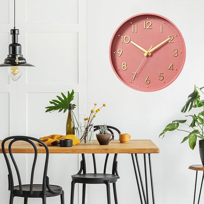 Mosewa 10 Inch Wall Clock Battery Operated Silent Non Ticking Analog | Pink Gold modern clock; oversized 3D easy-read dial for kitchen, bedroom & office; 1 AA battery (not included)