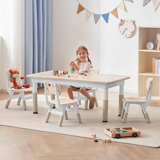 DOREROOM Adjustable Kids Table & 4 Chairs Set, 47.2" L x 23.6" W, Natural-W | Graffiti Desktop,Table Supports 300 lbs,Toddler Ages 2-8，FSC-certified, Children Activity Table for Daycare, Classroom, Home
