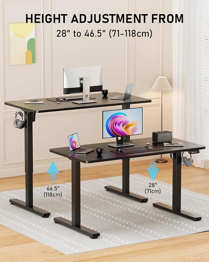 40" Electric Standing Desk Adjustable Height, Sit Stand up Desk for Home Office & Computer Workstation, 2 Memory Height Settings, Splice Board, 2 Hooks, Black Frame/Black Top