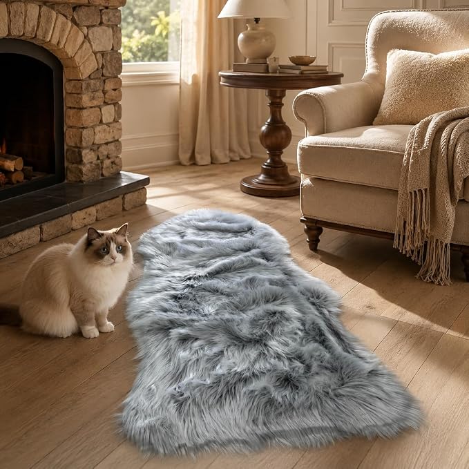 EasyJoy Faux Sheepskin Rug, Fluffy Faux Fur Rug, Ultra Soft Shag Area Rug with Non-Slip Backing for Bedroom, Living Room, Nursery, Kids Room(2 x 4 ft Sheepskin, Frosted Bottom Gray)