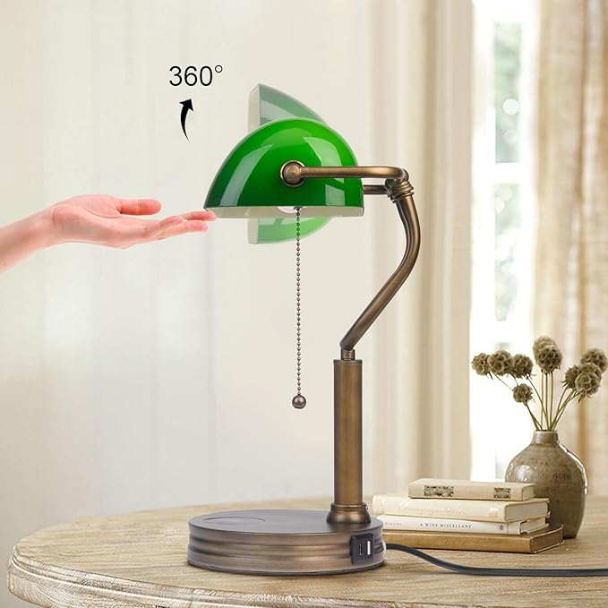 Green Glass Bankers Lamp, Retro Desk Lamp with USB Wireless Charging Port, Classic Pull Chain Switch Table lamp, for Home Office nightstand Bedside Study Desk Library