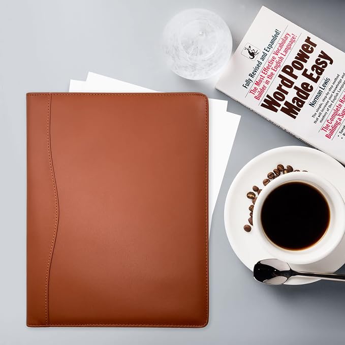 Padfolio Portfolio Folder Portfolio Organizer for A4 Size Pad - Faux Leather Folder with Storage Pocket, Card Holders & Pen Loop for Business Meeting, Office, Student (Brown)