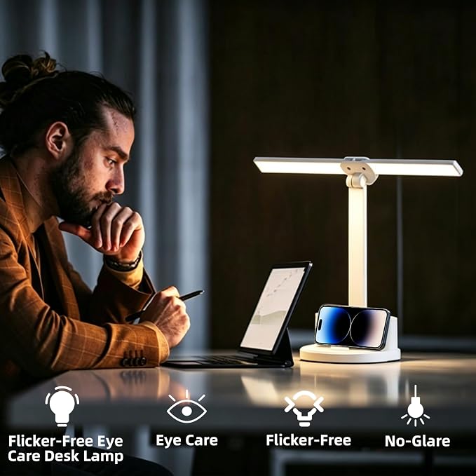 LED Desk Lamp for Home Office Bedroom, Battery Operated Dimmable Table Lamp with Pen Holder, 3 Color Modes, Small, Dimmable, Rechargeable, Phone Mount, Touch Control