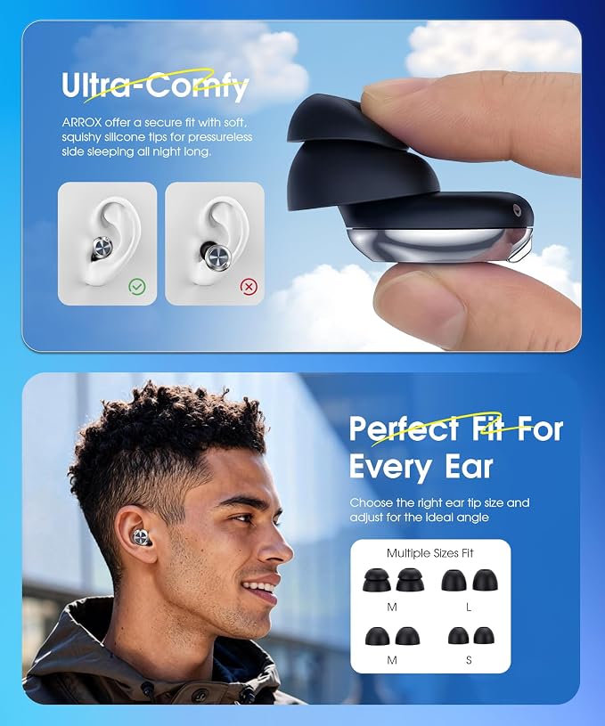 ARROX Adjustable Ear Plugs for Sleeping, 3 Noise Relief Modes (13-45 dB), Double-Layer Ultra-Soft Silicone Earplugs, Reusable Ear Plugs for Concerts, Deep Focus, Side Sleepers & Travel, 4 Size Eartip