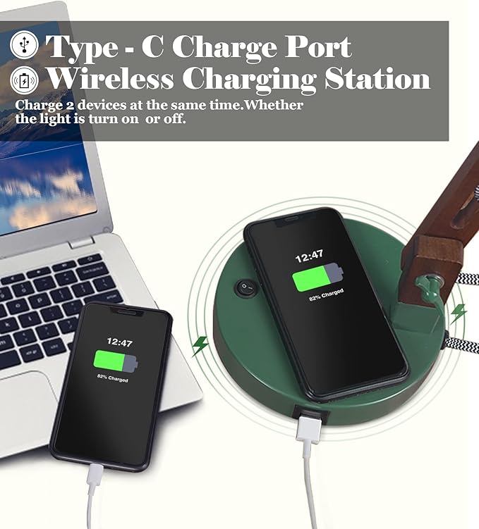ELYONA LED Desk Lamp with Wireless Charger, Sapele Wood Reading Light with USB C Charging Port, Swing Arm Table Lamp for Home Office, College Dorm, Bedroom Living Room, Bulb Included, Vintage Green