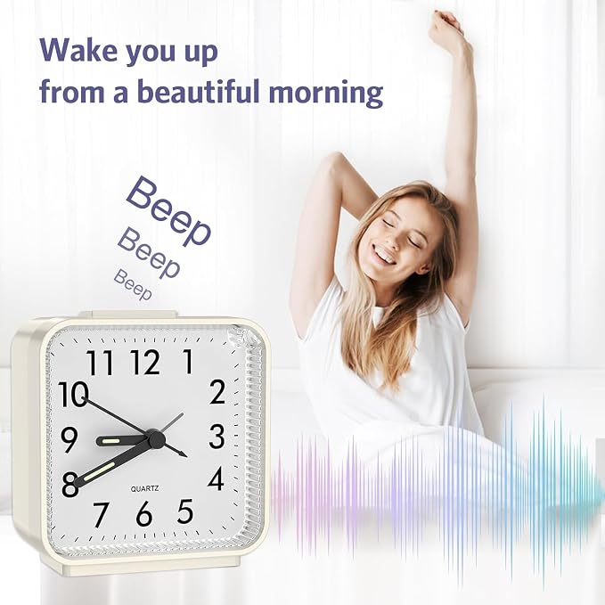 Analog Alarm Clocks, Non Ticking Table Clock with Luminous Hand & Large Display, Battery Powered Silent Bedside Alarm Clock with Night Light Function & Snooze, for Bedroom, Office (White)