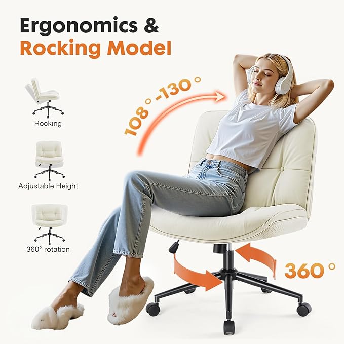 Sweetcrispy Criss Cross Chair with Wheels, Wide Seat PU Leather Armless Office Desk Vanity Chair, Comfortable Adjustable Swivel Computer Task Chairs for Bedroom, Small Space Make Up, Light Beige