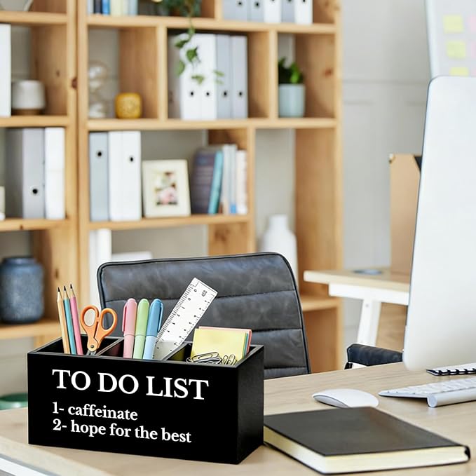 Funny Pen Pencil Holder for Desk, Funny Office Gifts for Coworkers Women Men, to Do List Wooden Box Sign Organizer for Office Workplace Desk Accessories Tabletop Decorations
