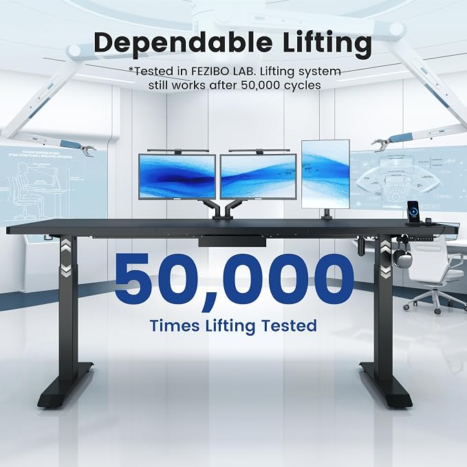 FEZIBO 63 x 37 Inch Electric Standing Desk with Integrated Dual-Beam & Cable Management, Memory Height Adjustable Computer Desk for Home Office Workstation, 1" Thick Large 3-Piece Tabletop Black