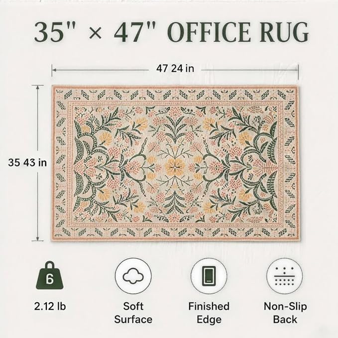 35x47 Inch Floral Desk Rug, Office Rugs for Rolling Chairs, Under Desk Carpet for Hardwood Floor, Small Office Area Rug