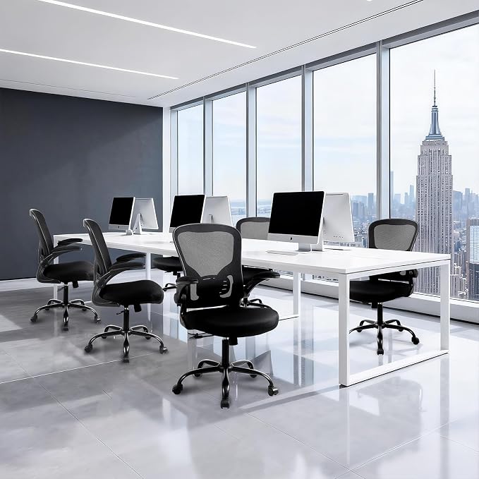Flysky Mesh Office Chair, Ergonomic Computer Desk Chairs for Home Office - with Comfy/Comfortable Flip-up Arm Rests, Lumbar Support, Height Adjustable, 360 Degree Rolling Swivel (Black, 6 Pack)