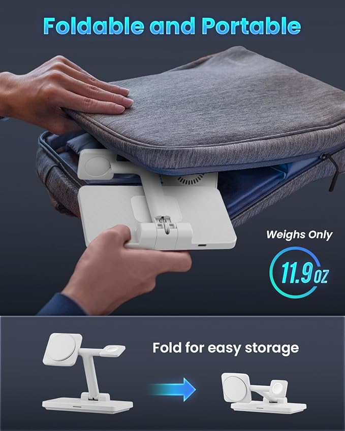 MagSafe 3 in 1 Wireless Charging Station: JoyGeek Portable Foldable Stand for iPhone 17 16 15 14 13 Pro Max Plus, Apple Watch, AirPods Pro (White)