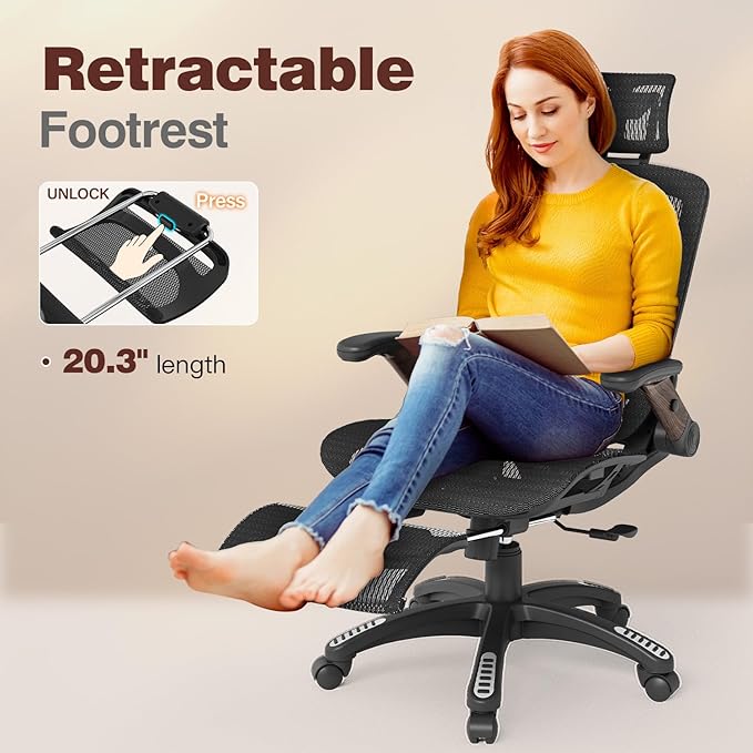 GABRYLLY Ergonomic Office Chair with Footrest, High Back Mesh Computer Chair with Flip-Up Arm, 3D Headrest, 135° Reclining, Rolling Gaming Task Chair with Wide Seat Lumbar Support,300LBS