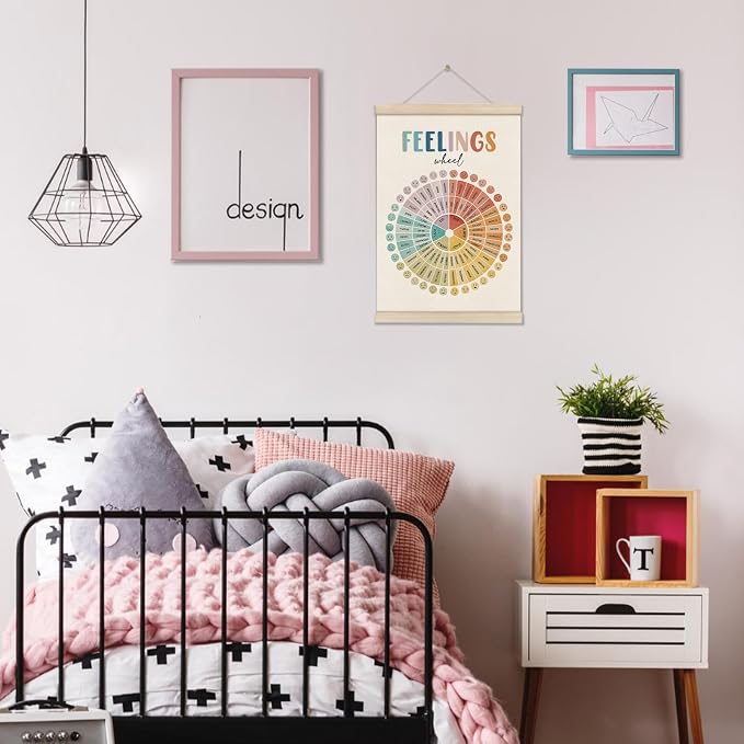 Feelings Wheel Poster Hanger Frame, Mental Health Posters, Feelings Chart, Therapy Office Decor, Calm Corner Wall Decor, Emotional Learning Wall Art for School Classroom Counseling Office 16x12 Inch