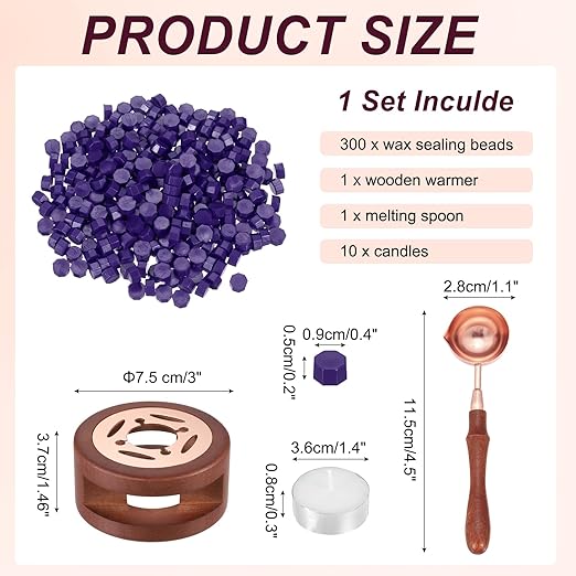 PATIKIL Wax Seal Kit, 300 Pcs Wax Sealing Beads, Wooden Warmer, Melted Spoon, 10 Pcs Tealight Candles for Envelope Letter Mailing Crafts DIY, Purple