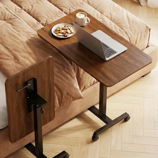GTPLAYER Small Standing Desk, 24 Inches Foldable Mobile Rolling Laptop PC Table with Lockable Casters, Adjustable Height Overbed Bedside Table Computer Workstation for Home Office, Dark Brown-Foldable