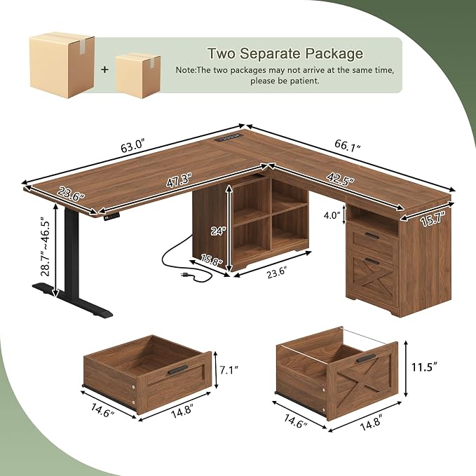 66 inch Farmhouse L Shaped Standing Desk with Storage for Home Office | Corner Electric Standing Desk with Drawers ＆ Storage Shelves, Height Adjustable Computer Desk with Power Outlets, Brown