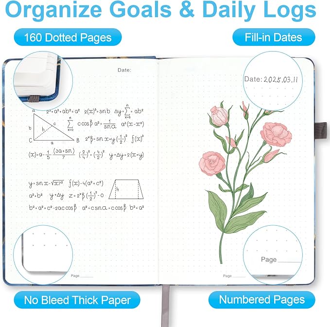 Dotted Journal Notebook A5, Dot Grid Bullet Journal for Women, 160 Pages with 100gsm Thick Paper for Journaling, Planning, Habit Tracking & Notes, Gift for Women, Blue Marble