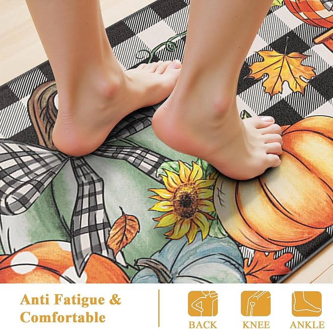 SHACOS Anti Fatigue Fall Kitchen Rugs Set of 2 Pumpkins and Sunflower | Waterproof Non Slip Cushioned Comfort Kitchen Floor Mats Harvest Autumn Black White Checkered Farmhouse Mat 17x27.5+17x47"