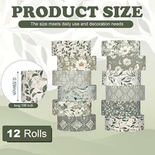 12 Rolls Watercolor Floral Washi Tape Set 15 mm Vintage Flower Decorative Masking Tape for Summer School Arts DIY Craft Scrapbook Journal Supplies Gifts(Sage Green,Greenery)