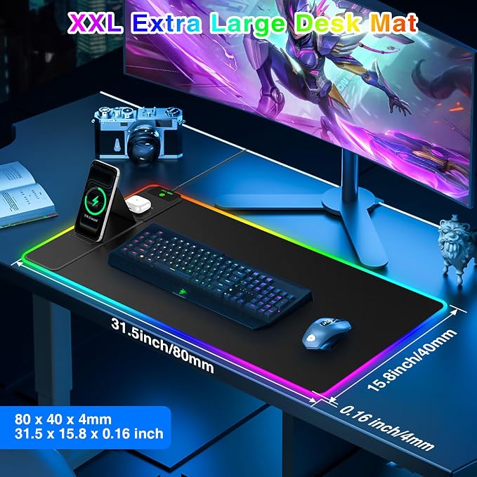 XXL RGB LED Gaming Mouse Pad with Magnetic Wireless Charger & Foldable Phone Holder, 31.5"x15.8" Extended Ultra-Smooth Desk Mat, 25 Lighting Effects, Non-Slip Base