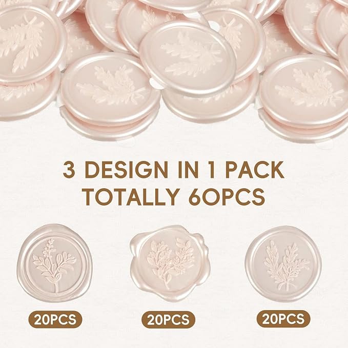 60 Pcs Wax Seal Stickers Set (3 Designs in 1 Pack) - Adhesive Backed Elegant Floral Designs for Wedding Invitation Envelope Seal Stickers Gift Wrapping (Champagne)