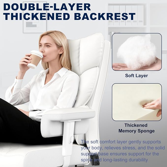 Misolant Big and Tall Office Chair with Footrest, High Back Executive Desk Chair with Adjustable Lift Armrest, 155°Recline，Lumbar Support Pillow, Faux Leather Gaming Chairs for Home All White
