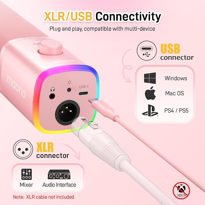 MAONO XLR/USB Gaming Microphone for PC, Dynamic Computer Mic for Streaming Podcasting, Noise Reduction, Mute, Volume Control, RGB Boom Mic for Vocal Recording,Voice-Over, PD100XS Pink