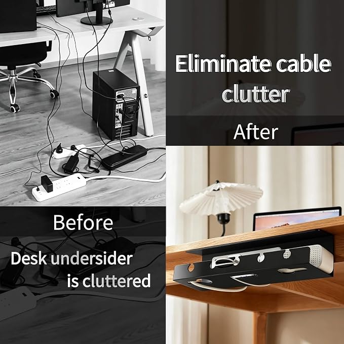 Ovanmexis Under Desk Cable Management Tray, 2-Pack, Black | Quick-Release Mount, Snap-On Tool-Free, Includes Magnetic Cable Clips & Straps, No Drill Hidden Base