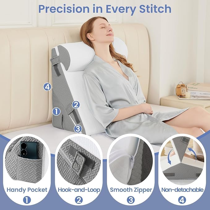 Sasttie Adjustable Wedge Pillow Set for After Surgery, Dark Grey & White | Bed Wedge Pillow Headboard with Memory Foam Neck Cushion, for Acid Reflux, Sleeping, Neck & Back Support