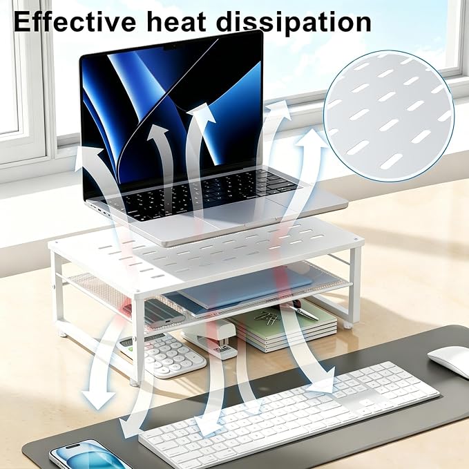 gianotter 2-Tier Metal Monitor Stand Riser, Desk Accessories & Workspace Desk Organizers, Office Desk Storage Organizer for Office Supplies (White)