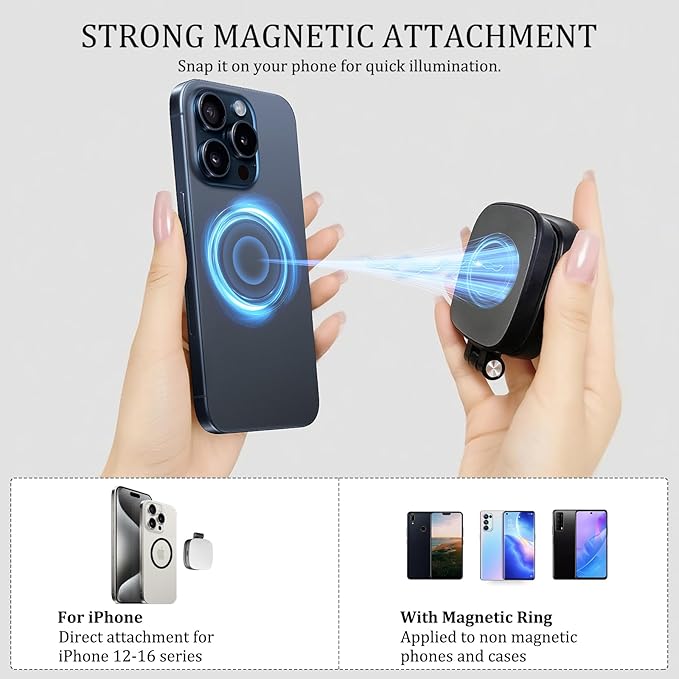 MagSafe Magnetic Selfie Light with Mirror for iPhone – Rechargeable LED Fill Light, CRI≥95, 5 Color Temps, Foldable Portable Ring Light for Vlog, Makeup, Back‑Camera & Video Recording，Photography