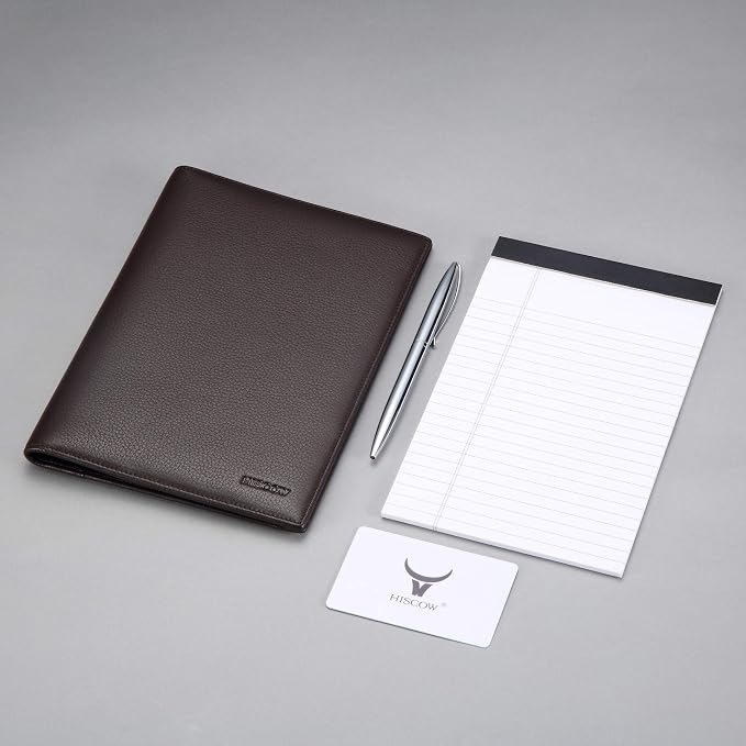 HISCOW Slim Leather Junior Padfolio, 5x8 Notepad Cover, Pebbled Coffee | Full-grain tumbled cowhide, top-loading legal pad holder, rigid pen loop, quick-access card slot, zipperless boardroom design